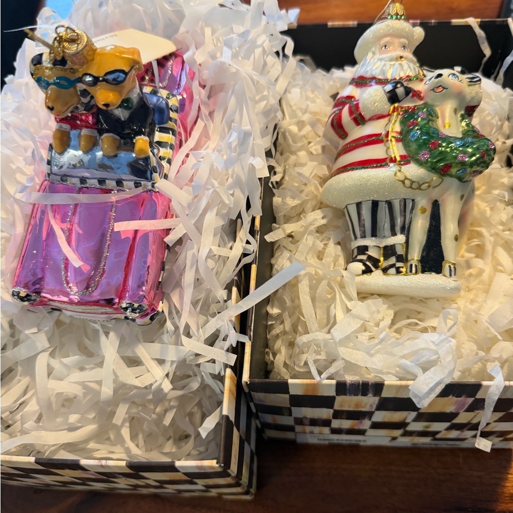 MacKenzie-Childs Pink cadillac & santa reindeer christmas tree Ornaments new box